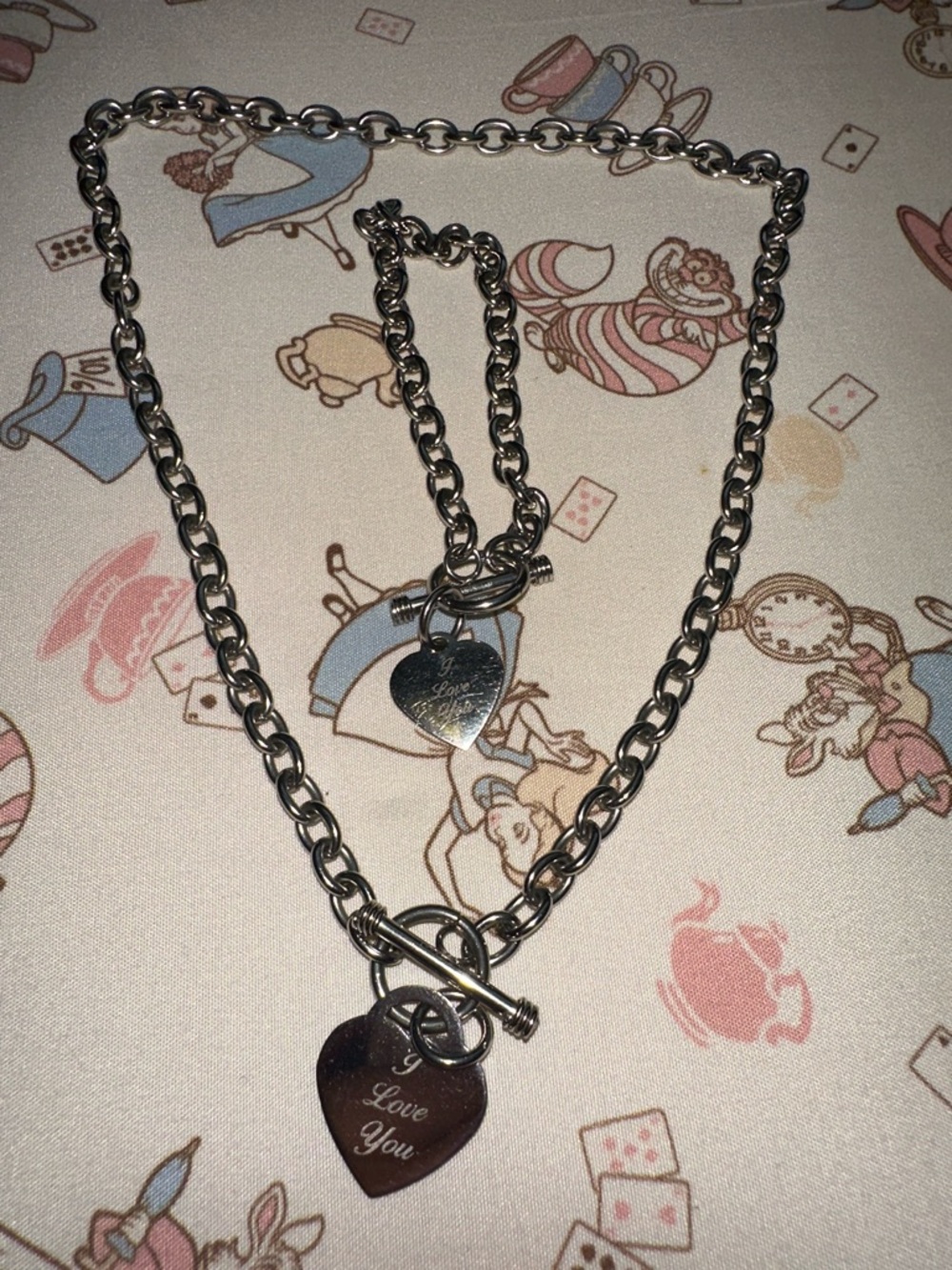 2pcs Silver Tone Heart Toggle Necklace & bracelet- 'I Love You' Pendant